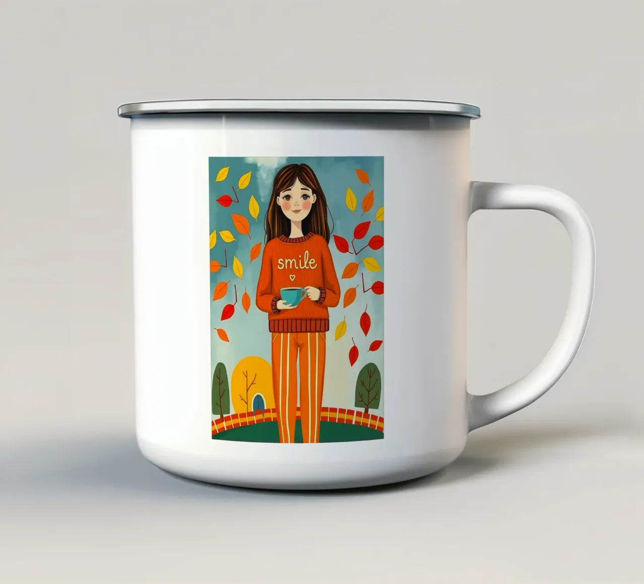 Ragazza d'autunno tazza in smalto da ARTOMATIC