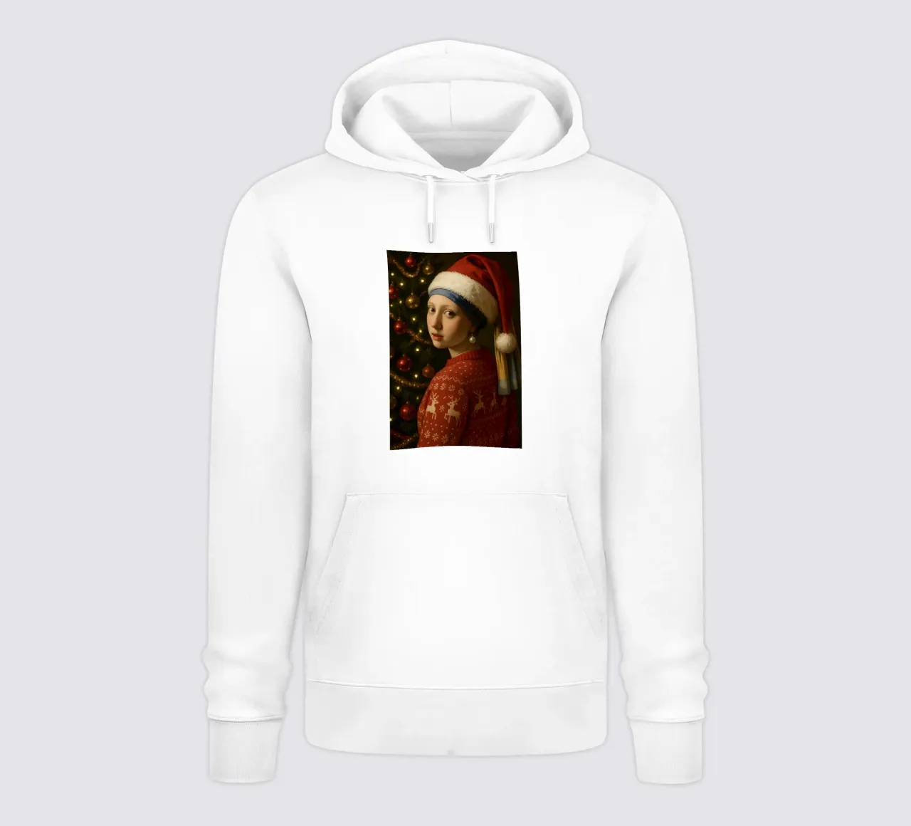 RAGAZZA CON ORECCHINO DI PERLA CHE INDOSSA UN CAPPELLO DA BABBO NATALE felpa con cappuccio da ARTOMATIC