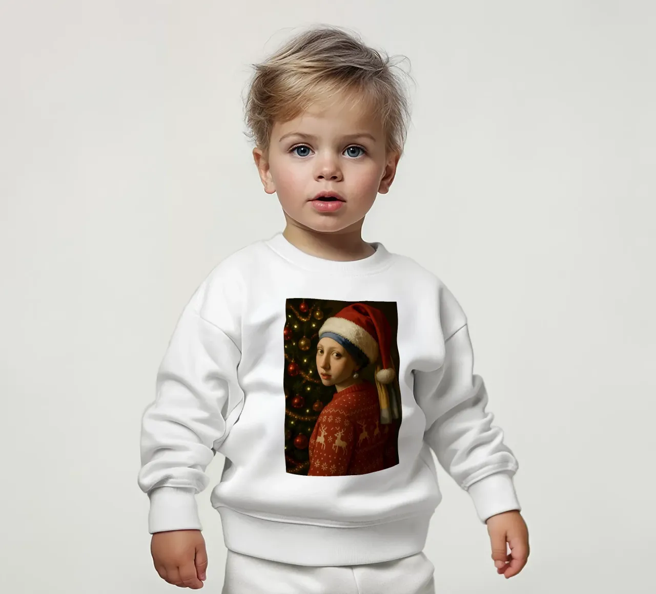 RAGAZZA CON ORECCHINO DI PERLA CHE INDOSSA UN CAPPELLO DA BABBO NATALE felpa neonato da ARTOMATIC