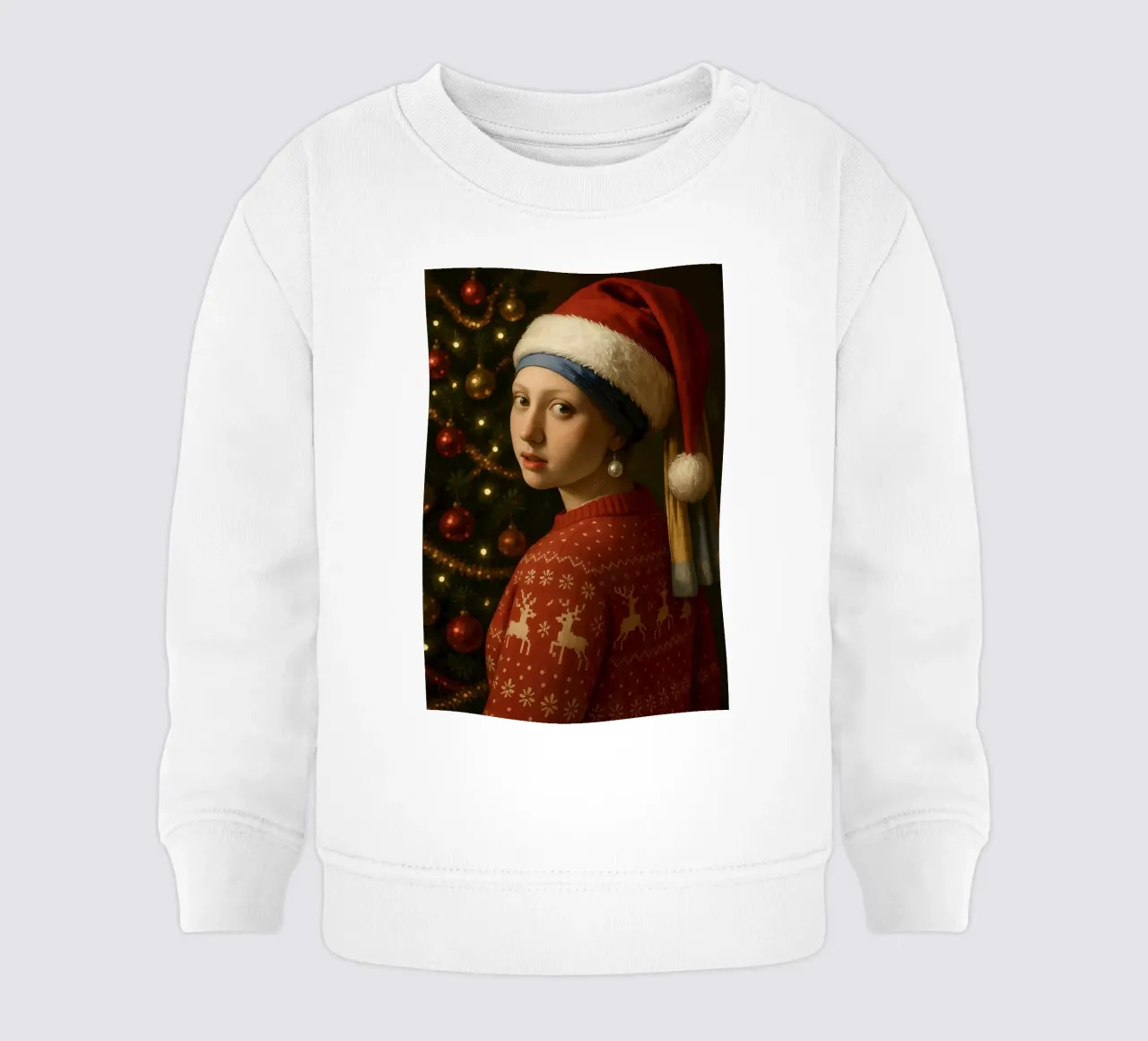 RAGAZZA CON ORECCHINO DI PERLA CHE INDOSSA UN CAPPELLO DA BABBO NATALE felpa neonato da ARTOMATIC
