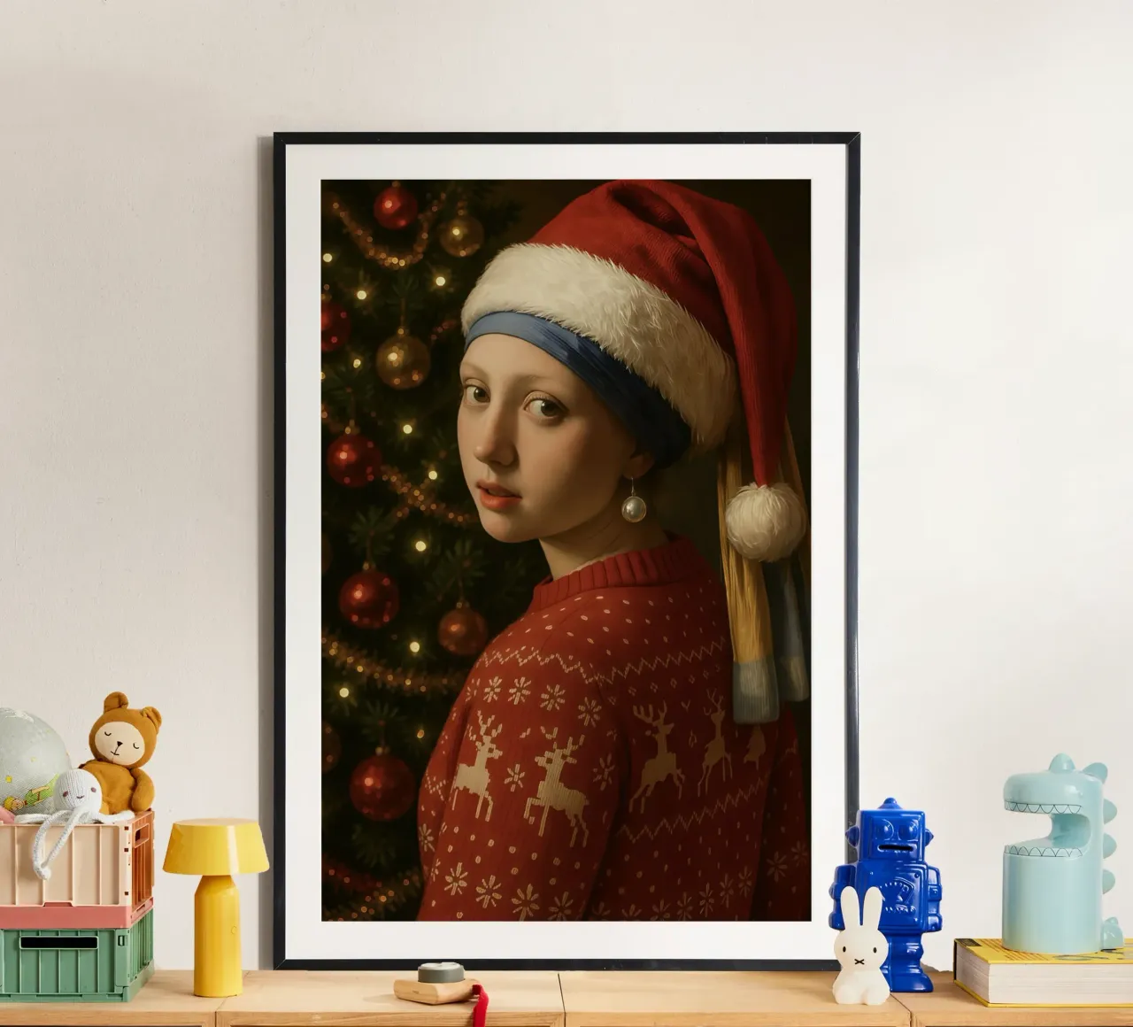 MÄDCHEN MIT PERLENOHRRING UND WEIHNACHTSMANNMÜTZE Hahnemühle von ARTOMATIC