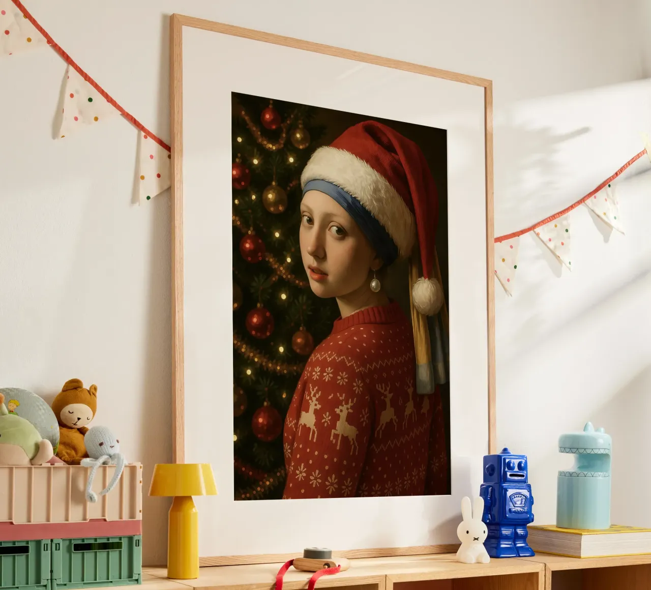 MÄDCHEN MIT PERLENOHRRING UND WEIHNACHTSMANNMÜTZE Hahnemühle von ARTOMATIC