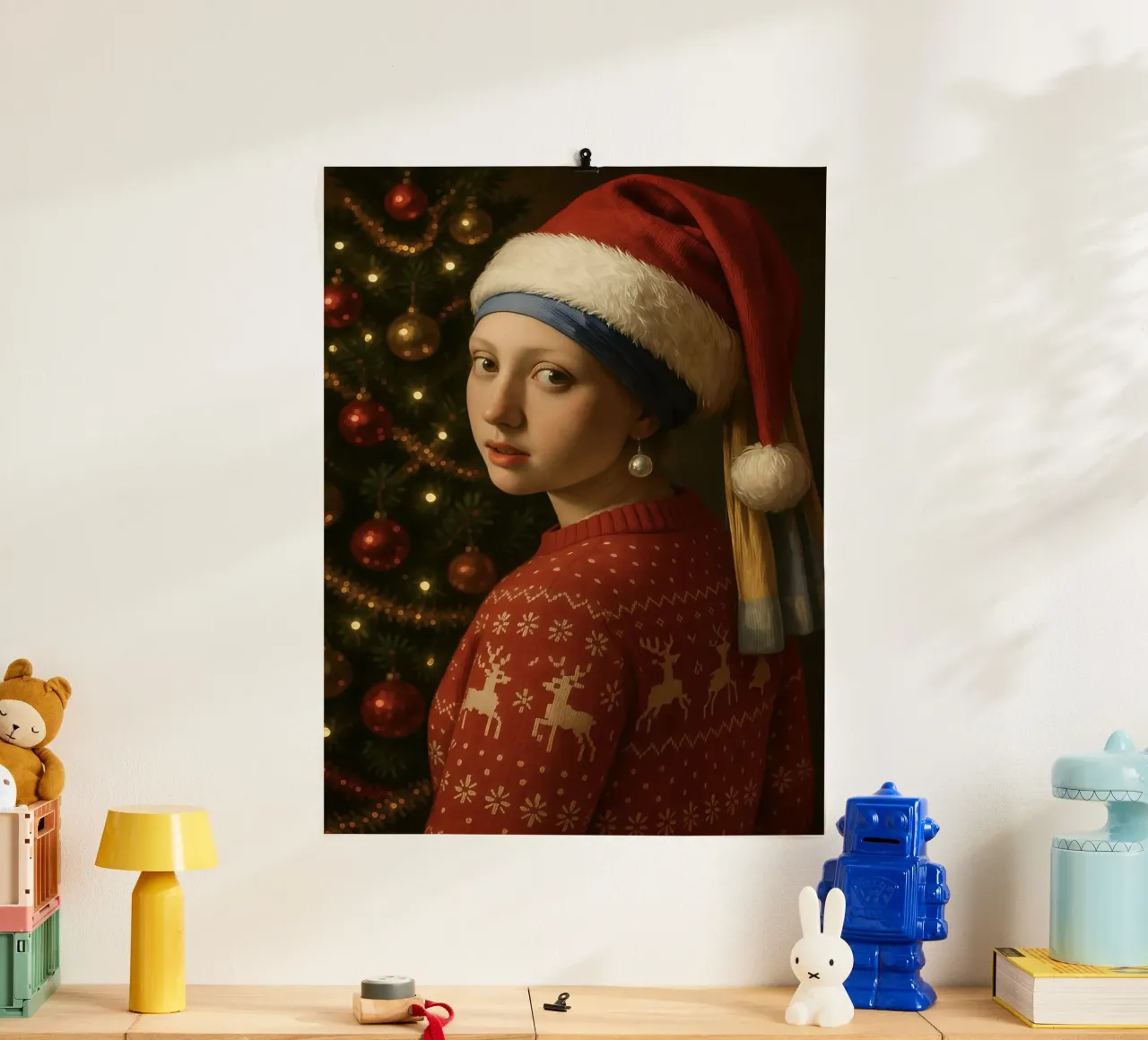 MÄDCHEN MIT PERLENOHRRING UND WEIHNACHTSMANNMÜTZE Hahnemühle von ARTOMATIC
