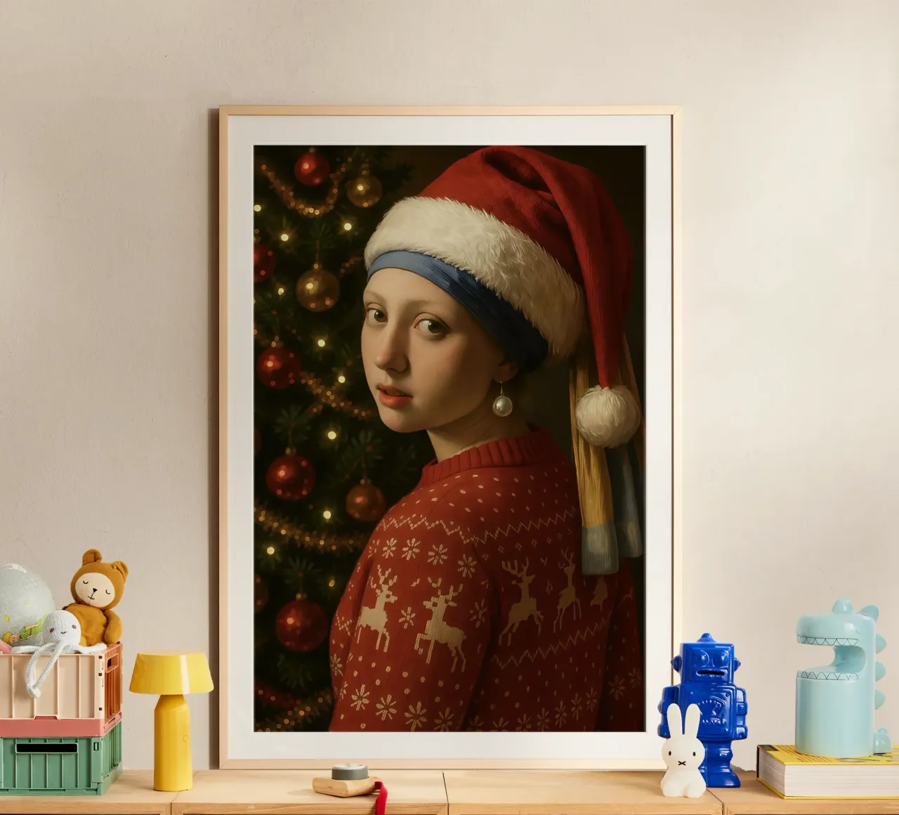 MÄDCHEN MIT PERLENOHRRING UND WEIHNACHTSMANNMÜTZE Hahnemühle von ARTOMATIC