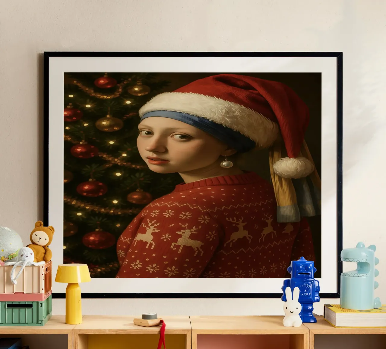 MÄDCHEN MIT PERLENOHRRING UND WEIHNACHTSMANNMÜTZE Hahnemühle von ARTOMATIC