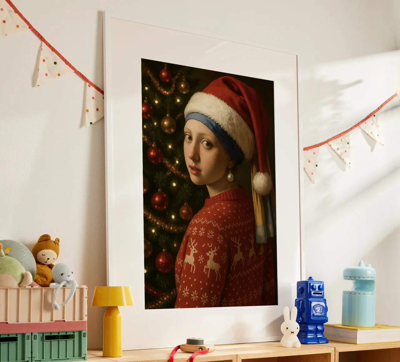 MÄDCHEN MIT PERLENOHRRING UND WEIHNACHTSMANNMÜTZE Hahnemühle von ARTOMATIC