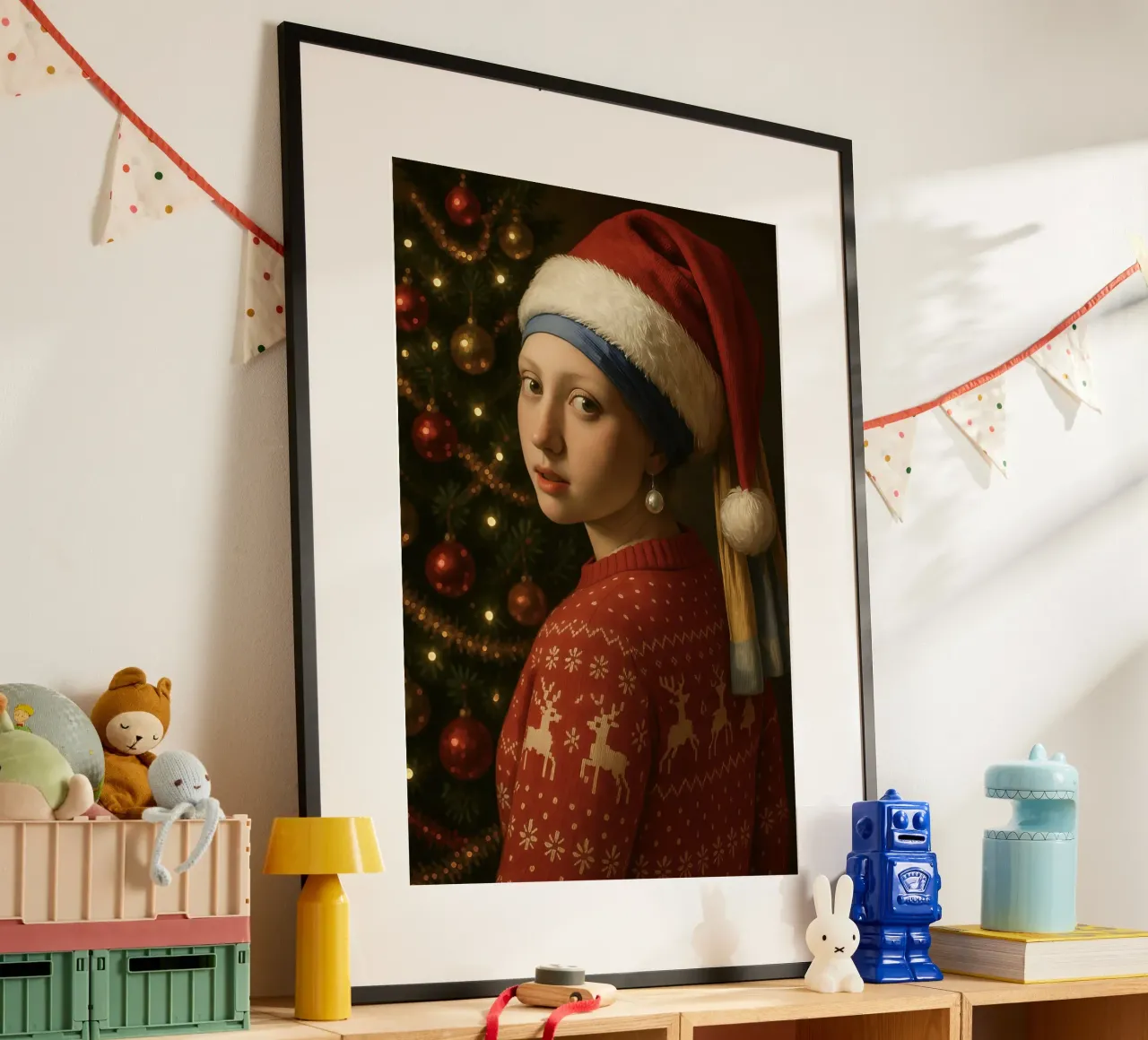 MÄDCHEN MIT PERLENOHRRING UND WEIHNACHTSMANNMÜTZE Hahnemühle von ARTOMATIC