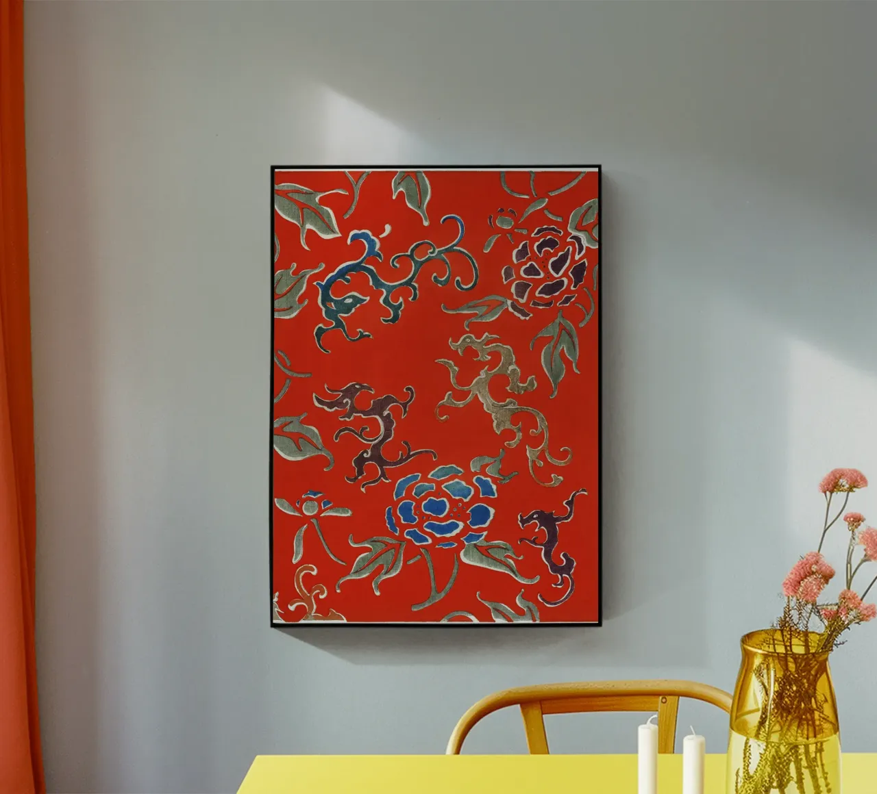 Motivo tessile giapponese rosso con draghi e fiori plexiglass da dawnthesea
