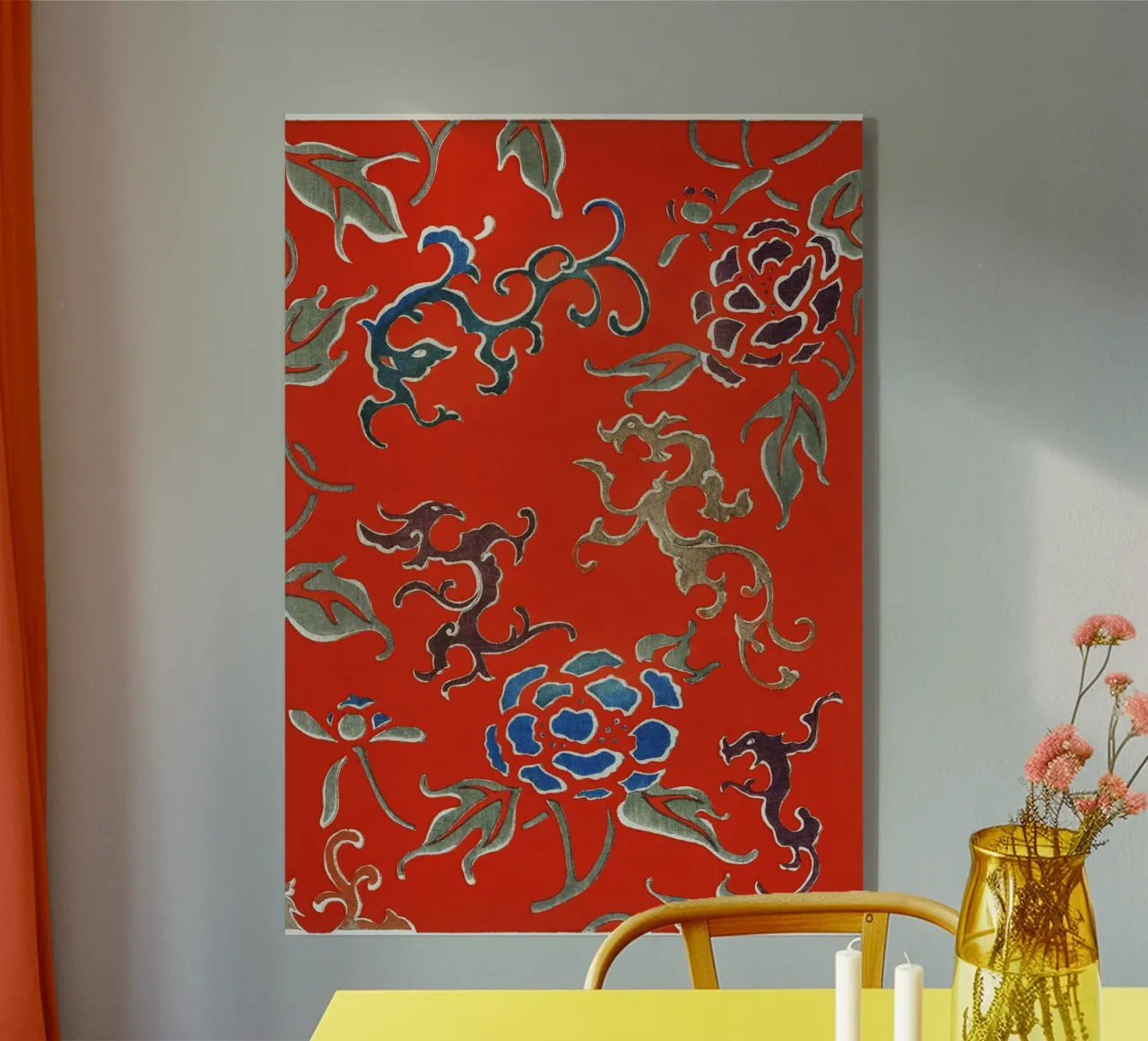 Motivo tessile giapponese rosso con draghi e fiori plexiglass da dawnthesea