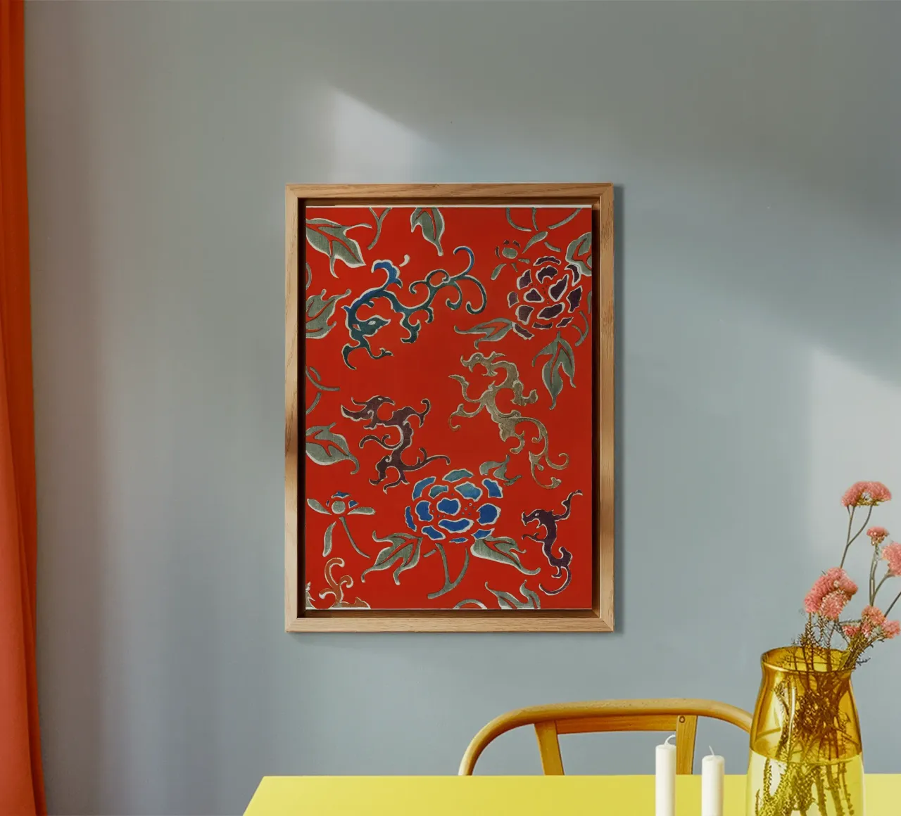 Motivo tessile giapponese rosso con draghi e fiori alluminio dibond da dawnthesea