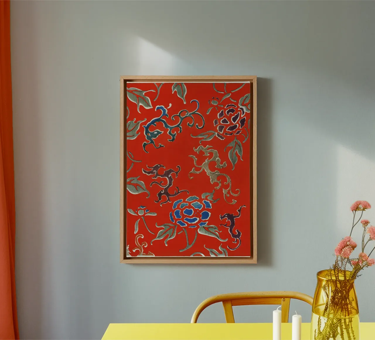 Motivo tessile giapponese rosso con draghi e fiori tela da dawnthesea