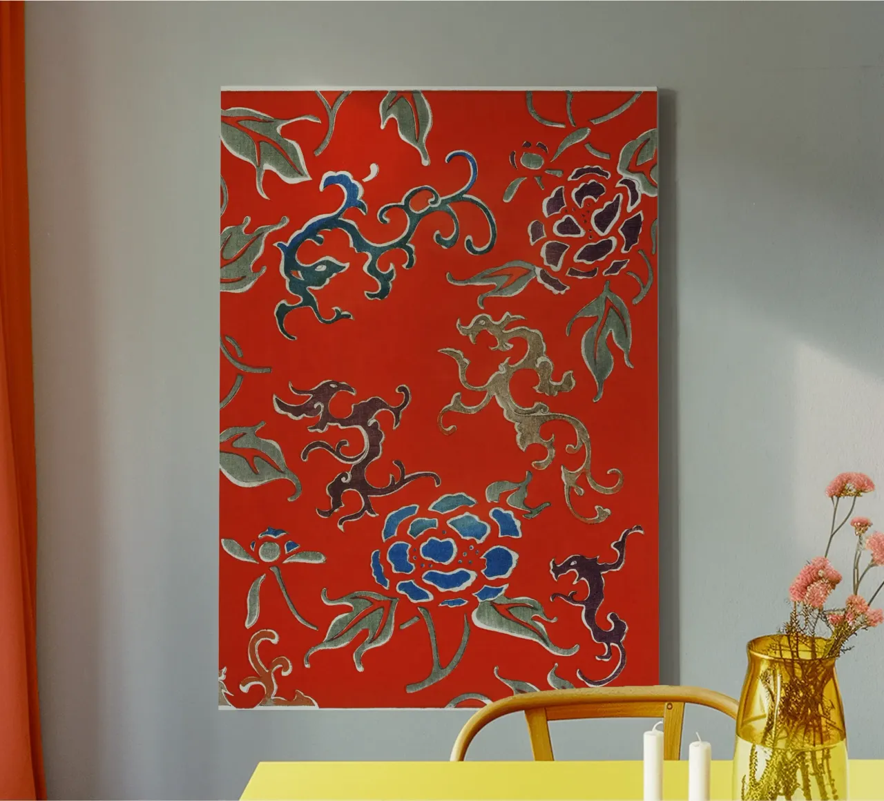 Motivo tessile giapponese rosso con draghi e fiori tela da dawnthesea