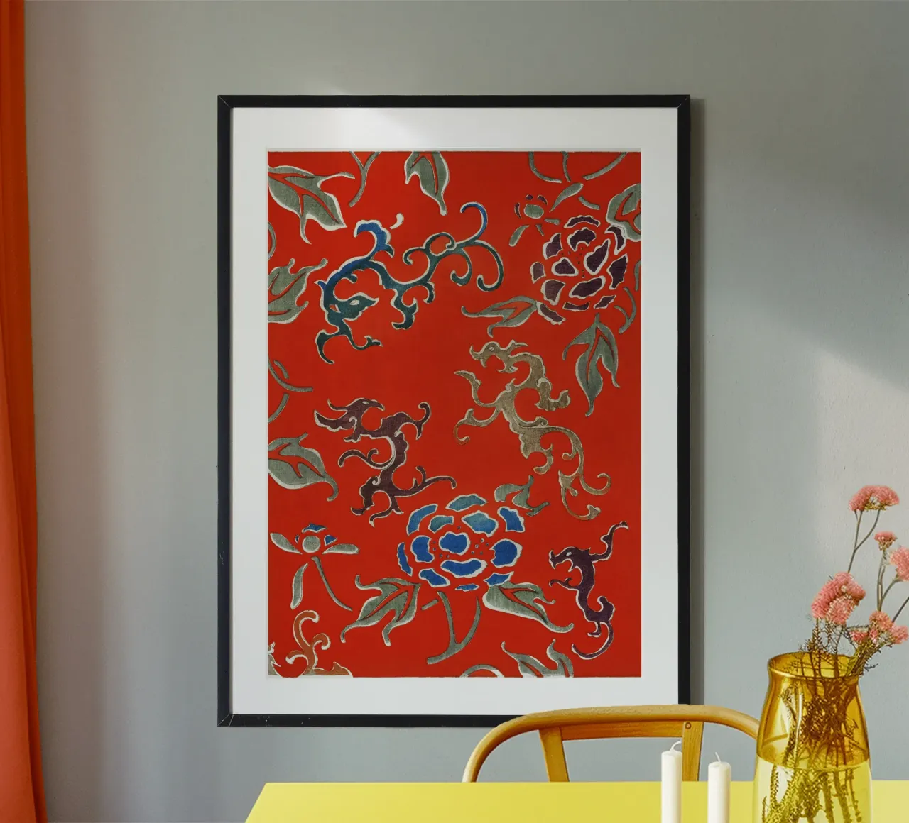 Motivo tessile giapponese rosso con draghi e fiori carta hahnemühle da dawnthesea