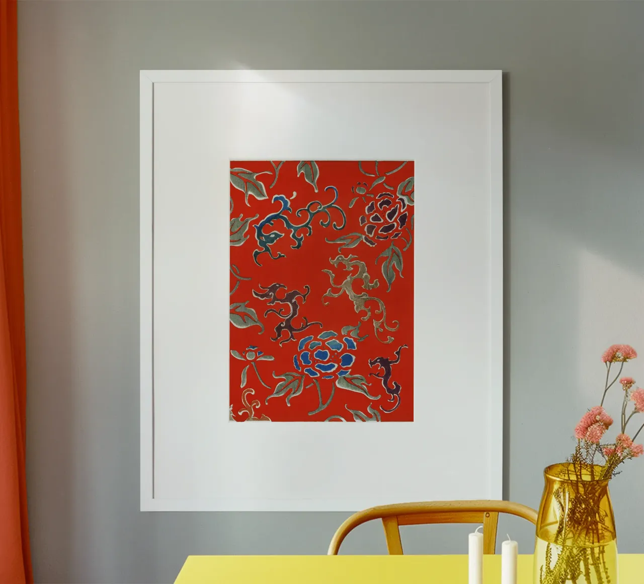 Motivo tessile giapponese rosso con draghi e fiori carta hahnemühle da dawnthesea