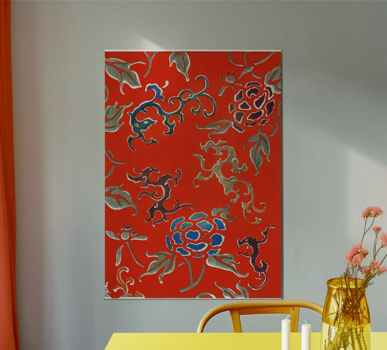 Motivo tessile giapponese rosso con draghi e fiori carta hahnemühle da dawnthesea
