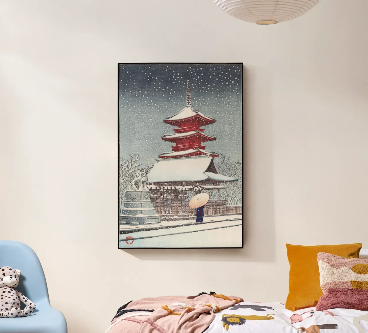 Cancello innevato con auto e ombrello - Woodblock invernale giapponese plexiglass da dawnthesea
