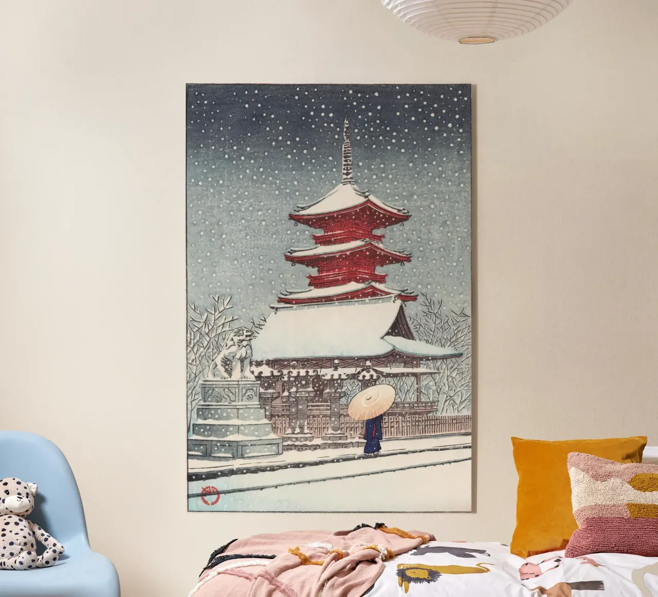 Cancello innevato con auto e ombrello - Woodblock invernale giapponese plexiglass da dawnthesea