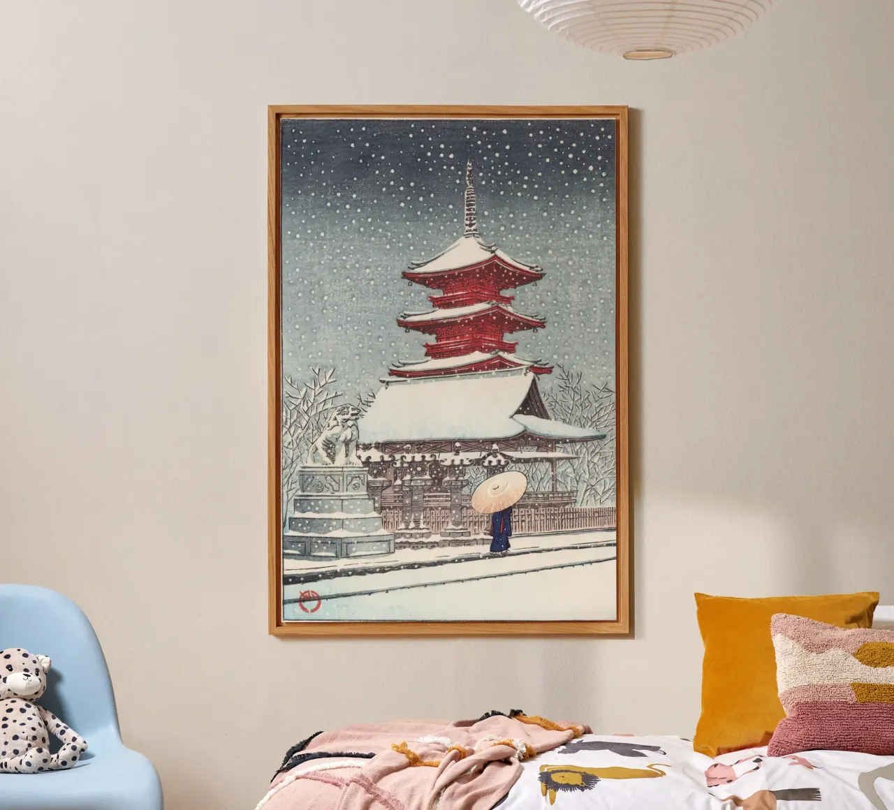 Cancello innevato con auto e ombrello - Woodblock invernale giapponese alluminio dibond da dawnthesea