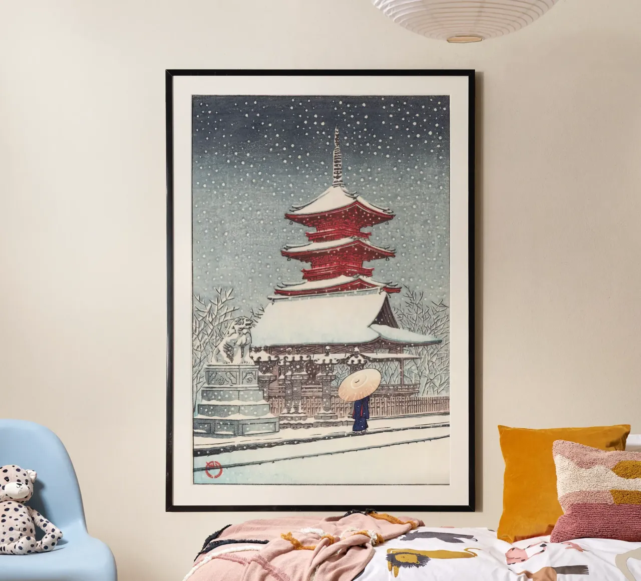 Cancello innevato con auto e ombrello - Woodblock invernale giapponese carta hahnemühle da dawnthesea