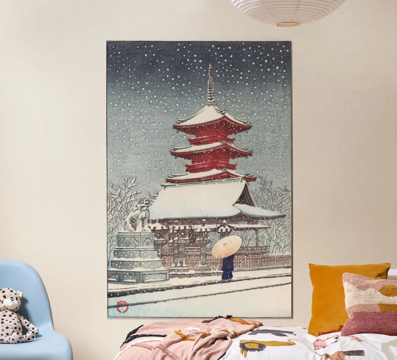 Cancello innevato con auto e ombrello - Woodblock invernale giapponese carta hahnemühle da dawnthesea