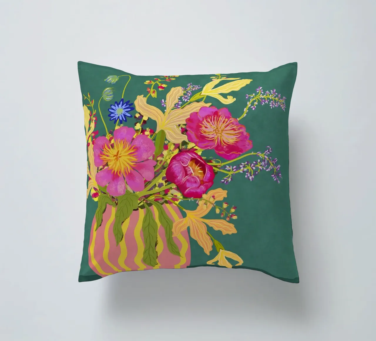 Bouquet di peonie in un vaso a righe cuscino da Illustration Raissa Oltmanns