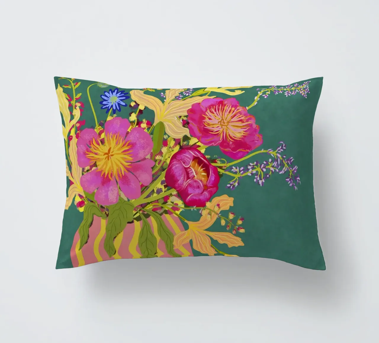 Bouquet di peonie in un vaso a righe cuscino da Illustration Raissa Oltmanns