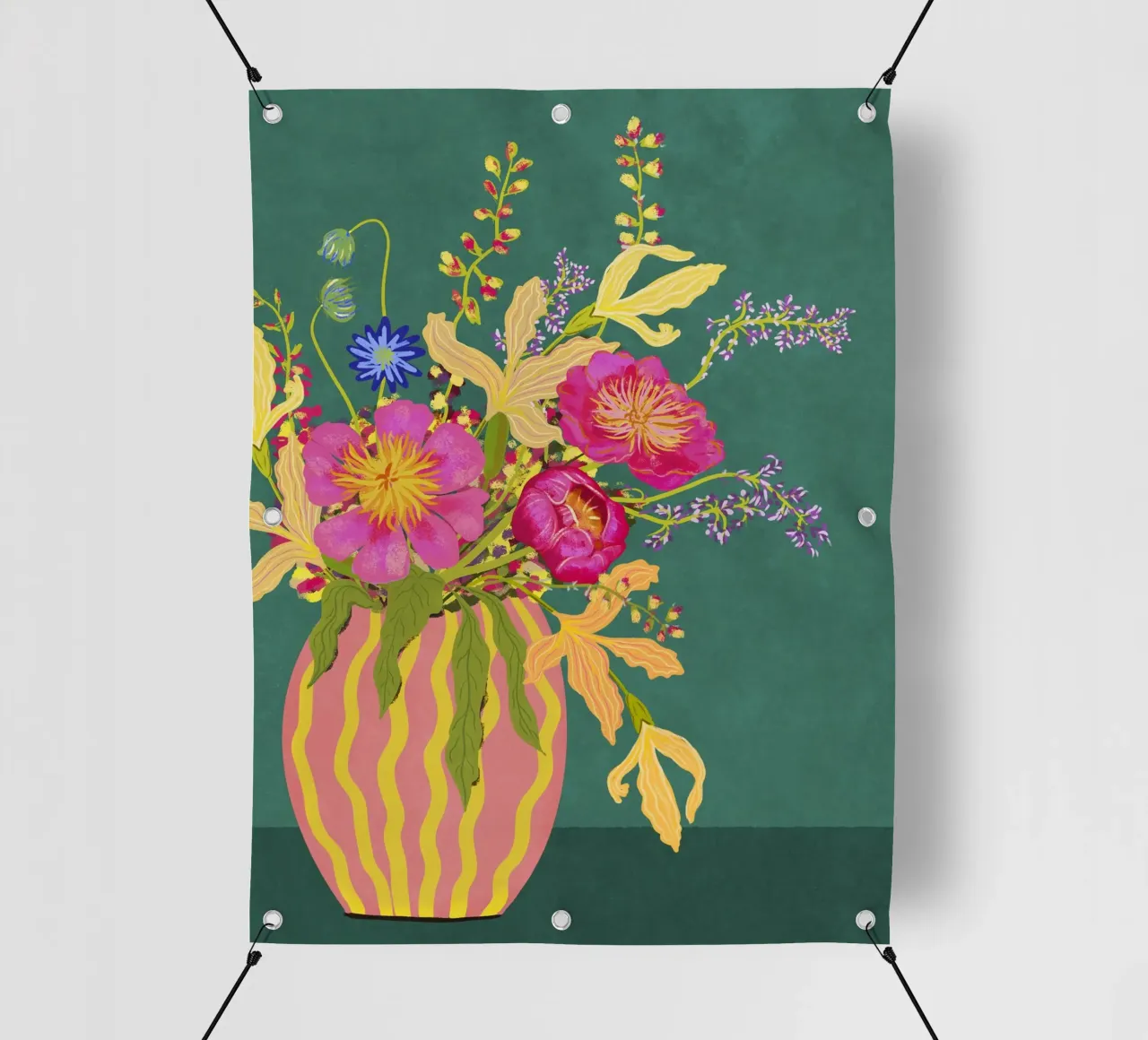 Bouquet di peonie in un vaso a righe telo in pvc da Illustration Raissa Oltmanns