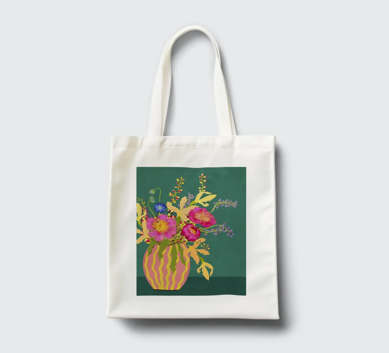 Bouquet di peonie in un vaso a righe borsa in juta da Illustration Raissa Oltmanns