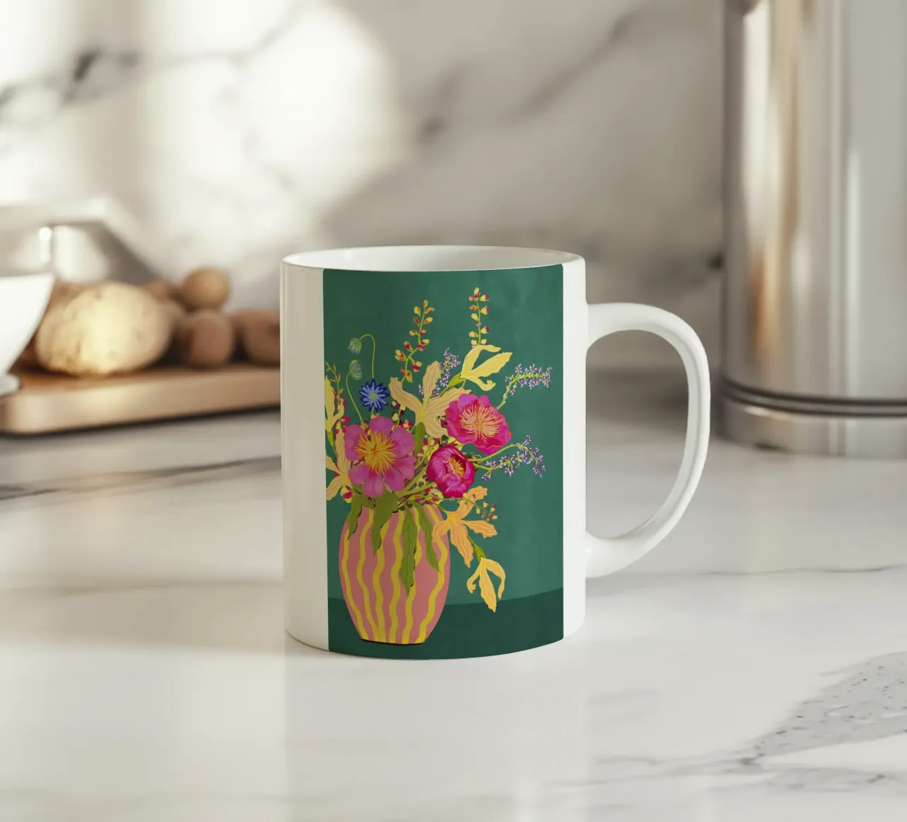Bouquet di peonie in un vaso a righe tazza in ceramica da Illustration Raissa Oltmanns