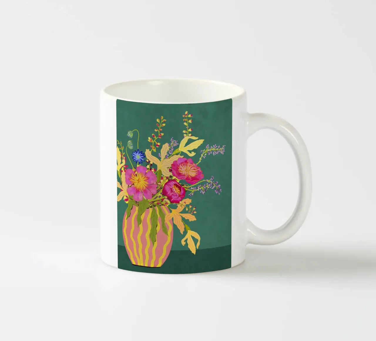 Bouquet di peonie in un vaso a righe tazza in ceramica da Illustration Raissa Oltmanns