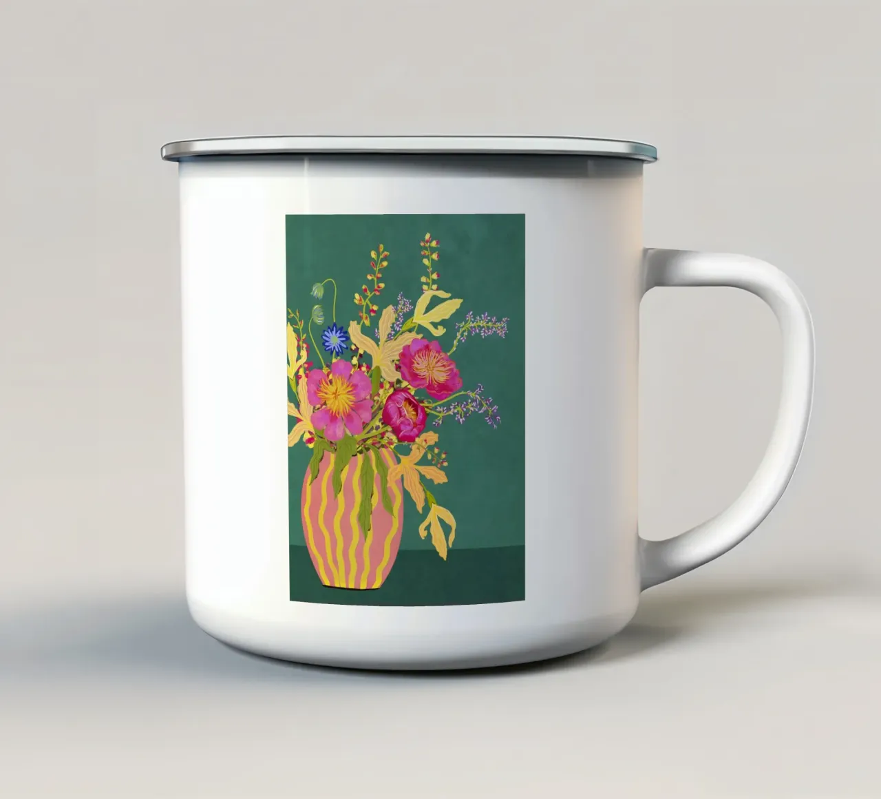 Bouquet di peonie in un vaso a righe tazza in smalto da Illustration Raissa Oltmanns