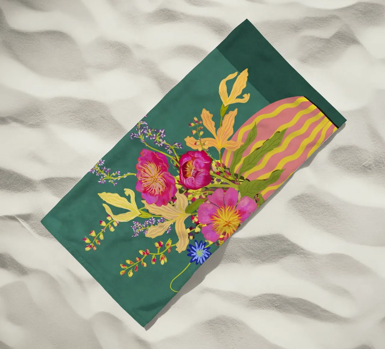 Bouquet di peonie in un vaso a righe telo mare da Illustration Raissa Oltmanns