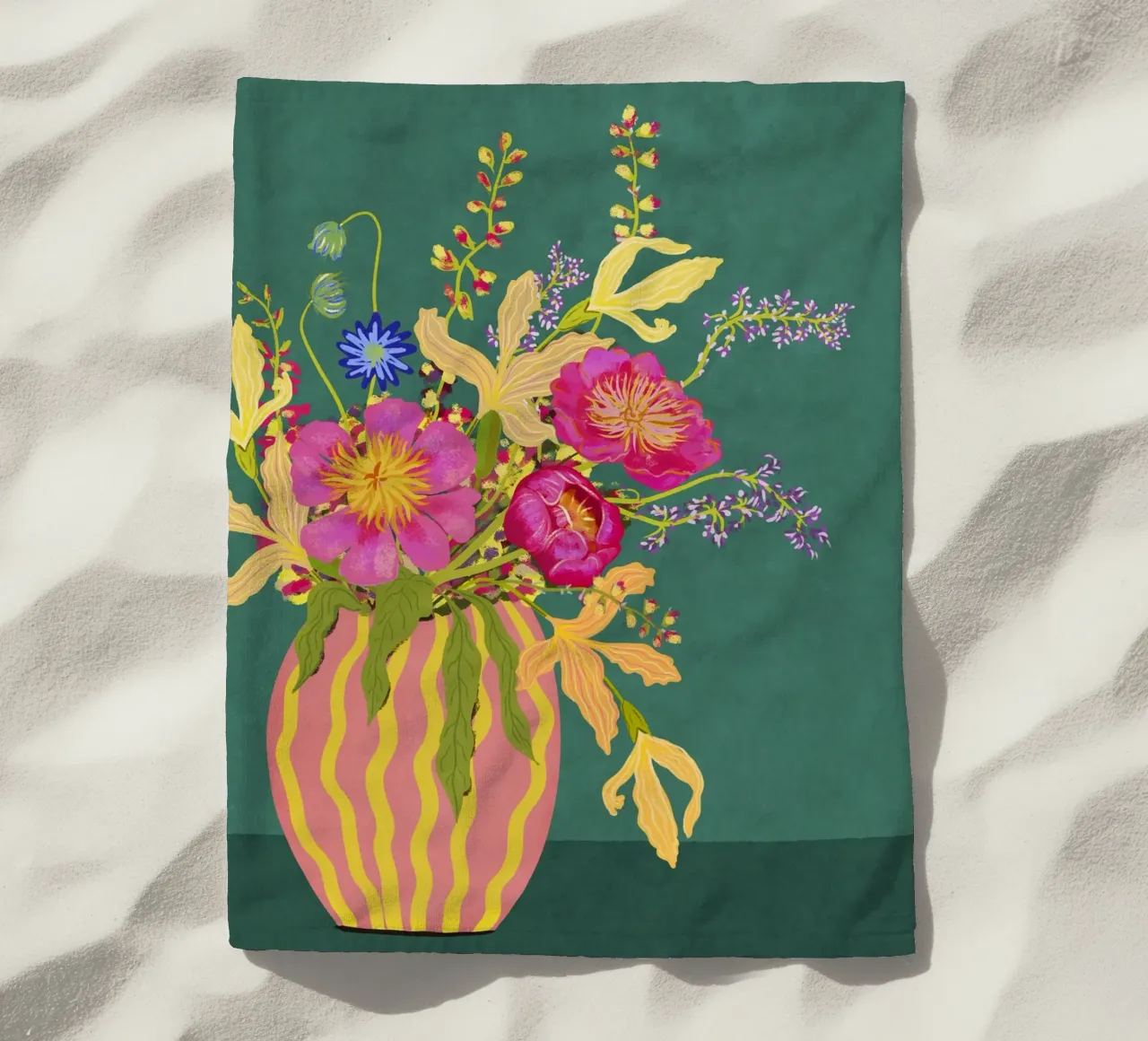 Bouquet di peonie in un vaso a righe telo mare da Illustration Raissa Oltmanns