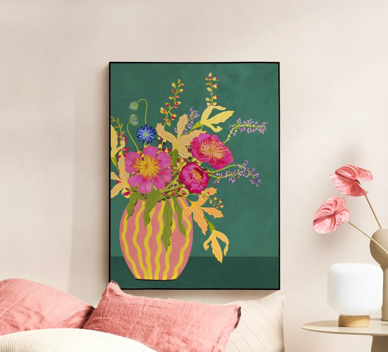 Bouquet di peonie in un vaso a righe plexiglass da Illustration Raissa Oltmanns