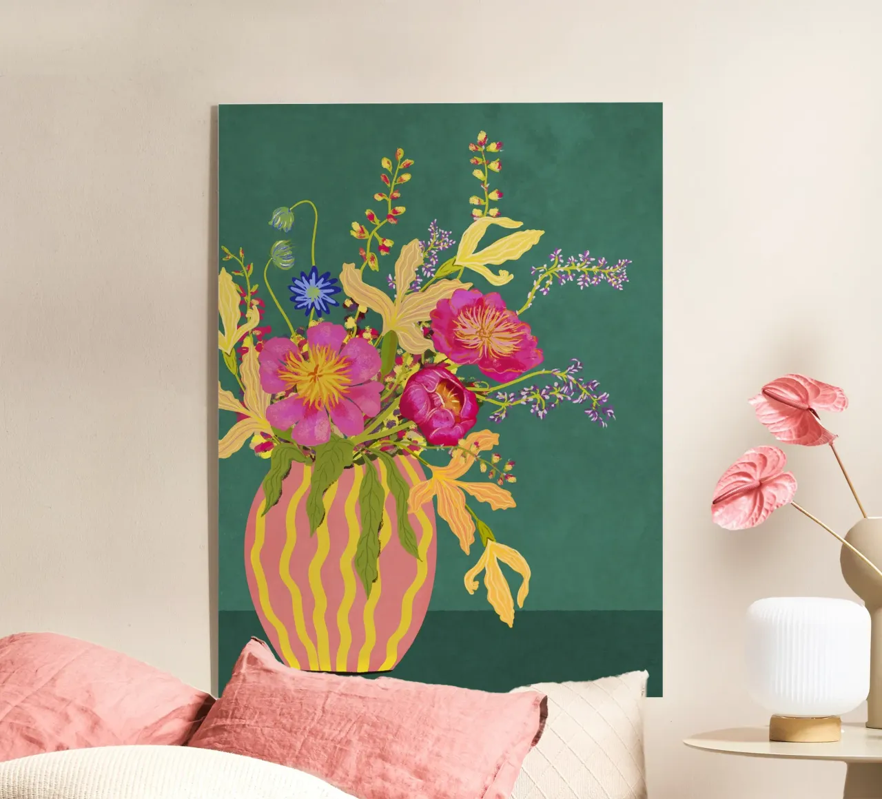Bouquet di peonie in un vaso a righe plexiglass da Illustration Raissa Oltmanns