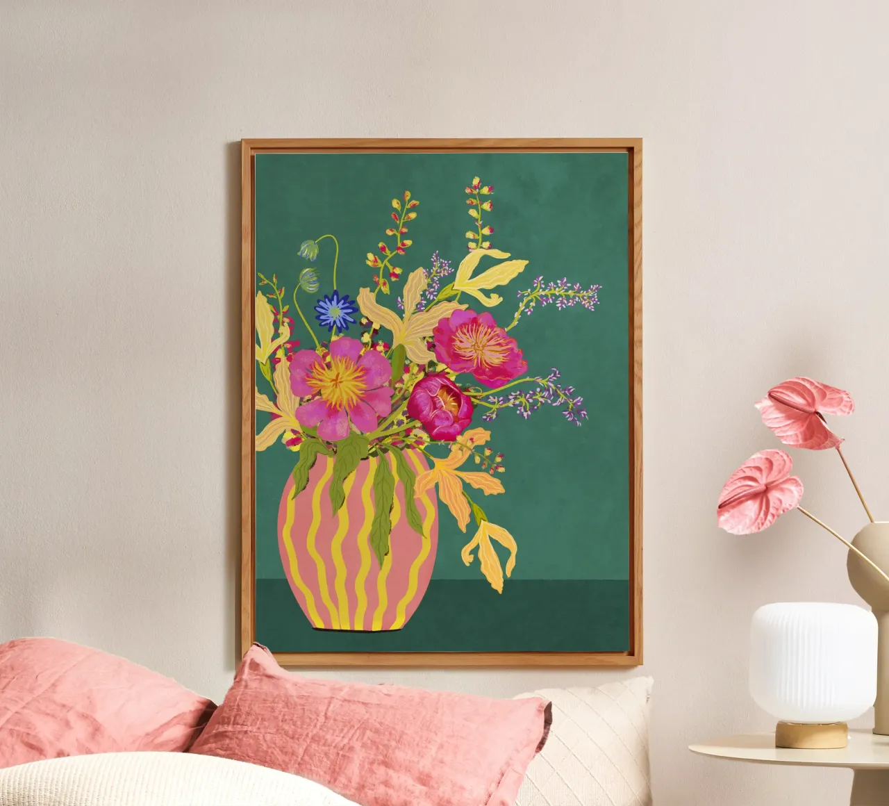 Bouquet di peonie in un vaso a righe alluminio dibond da Illustration Raissa Oltmanns