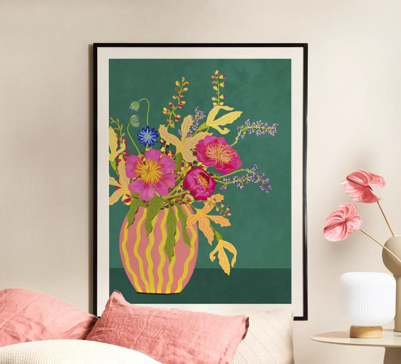 Bouquet di peonie in un vaso a righe carta hahnemühle da Illustration Raissa Oltmanns