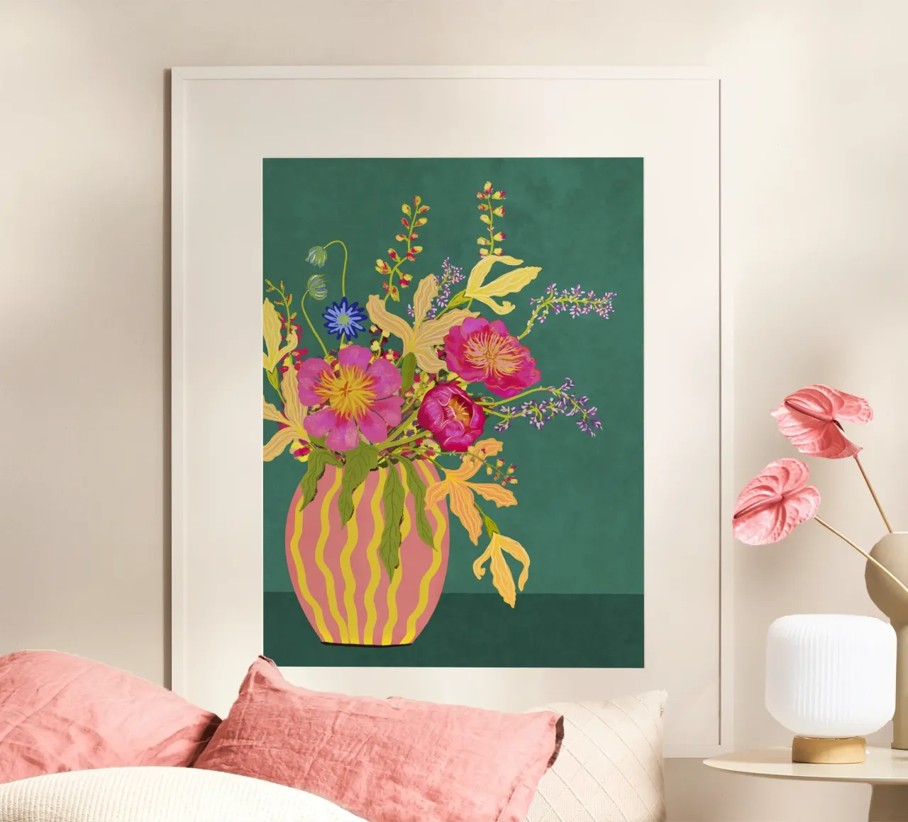 Bouquet di peonie in un vaso a righe carta hahnemühle da Illustration Raissa Oltmanns