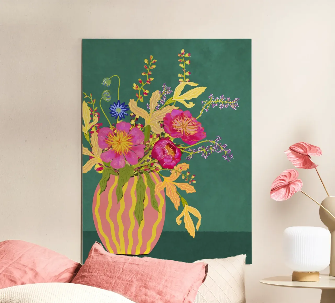 Bouquet di peonie in un vaso a righe carta hahnemühle da Illustration Raissa Oltmanns
