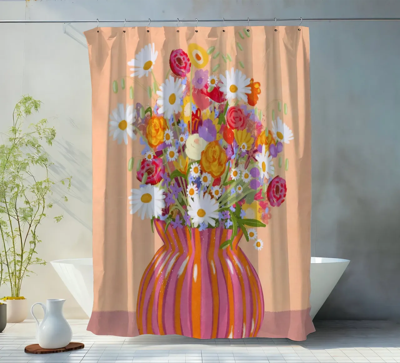 Fiori in vaso a strisce tenda da doccia da Illustration Raissa Oltmanns