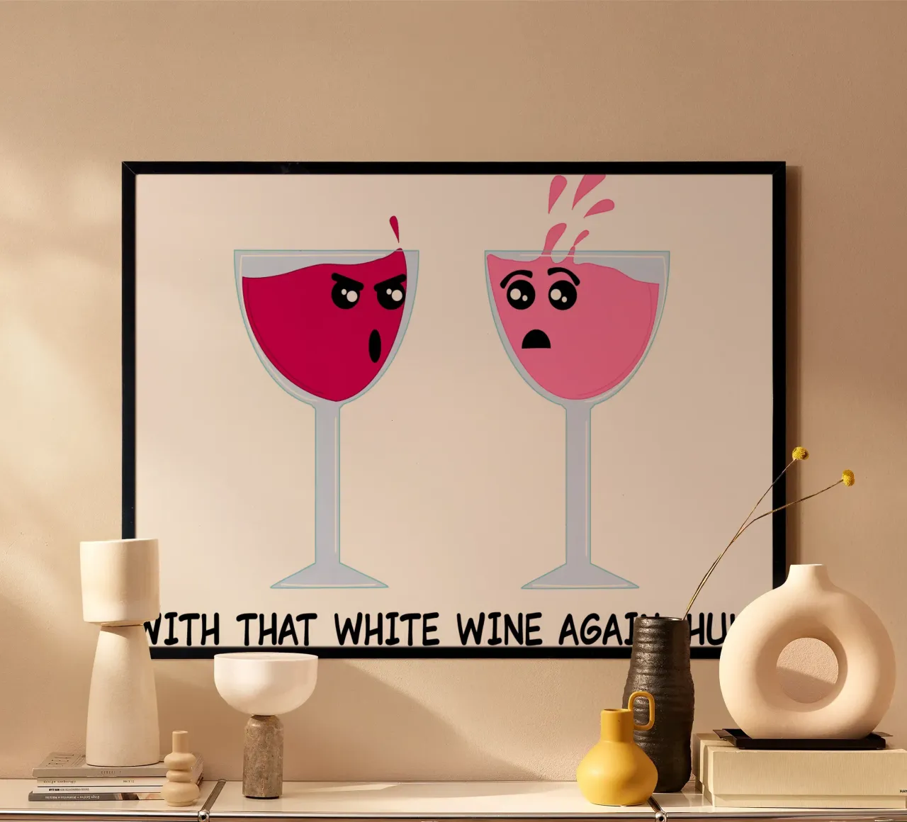 Dessin humoristique sur le vin poster avec cadre en bois de sillyindustries