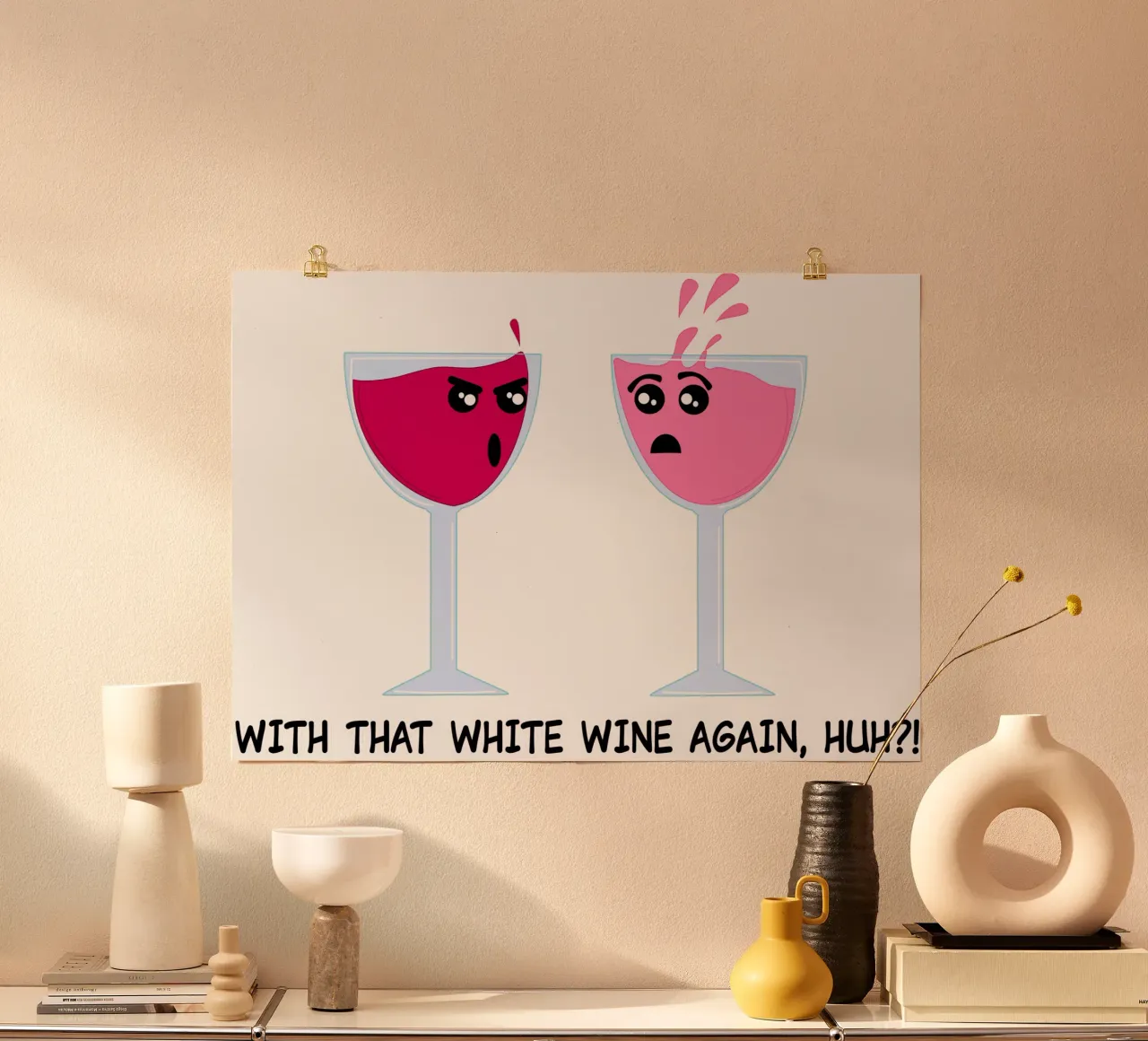 Dessin humoristique sur le vin poster avec cadre en bois de sillyindustries