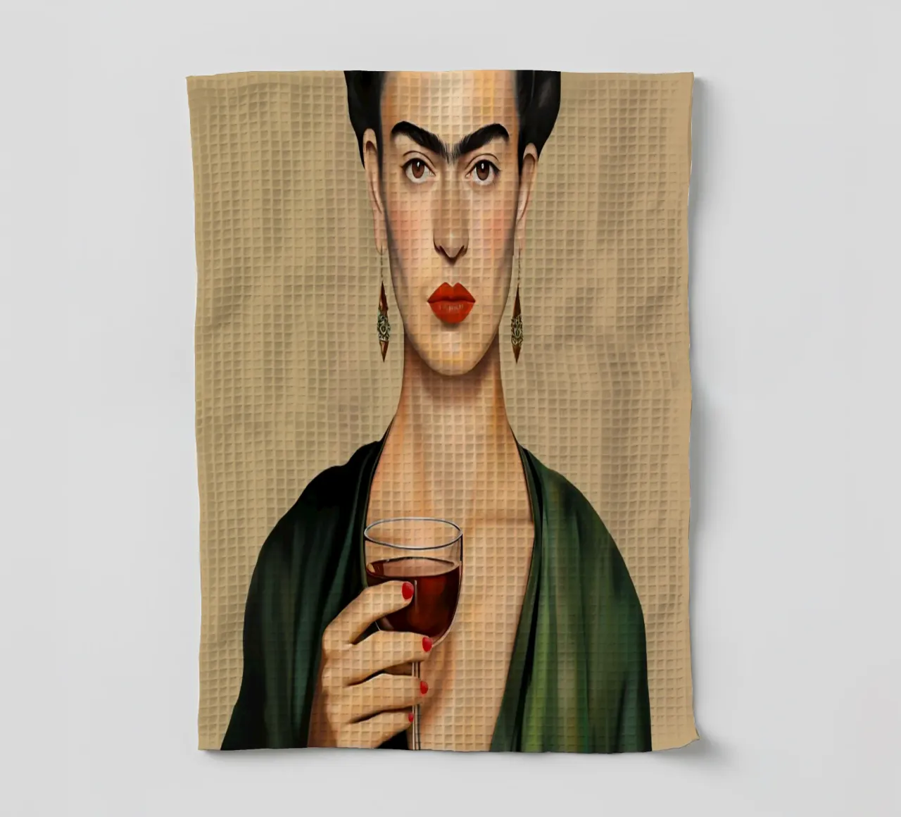 Frida con bicchiere di vino canovaccio da cucina da Carinaprint