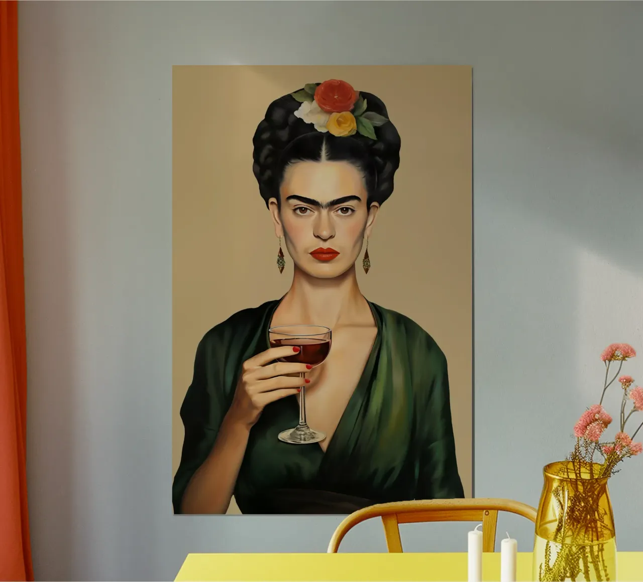 Frida con bicchiere di vino poster con telaio in alluminio da Carinaprint
