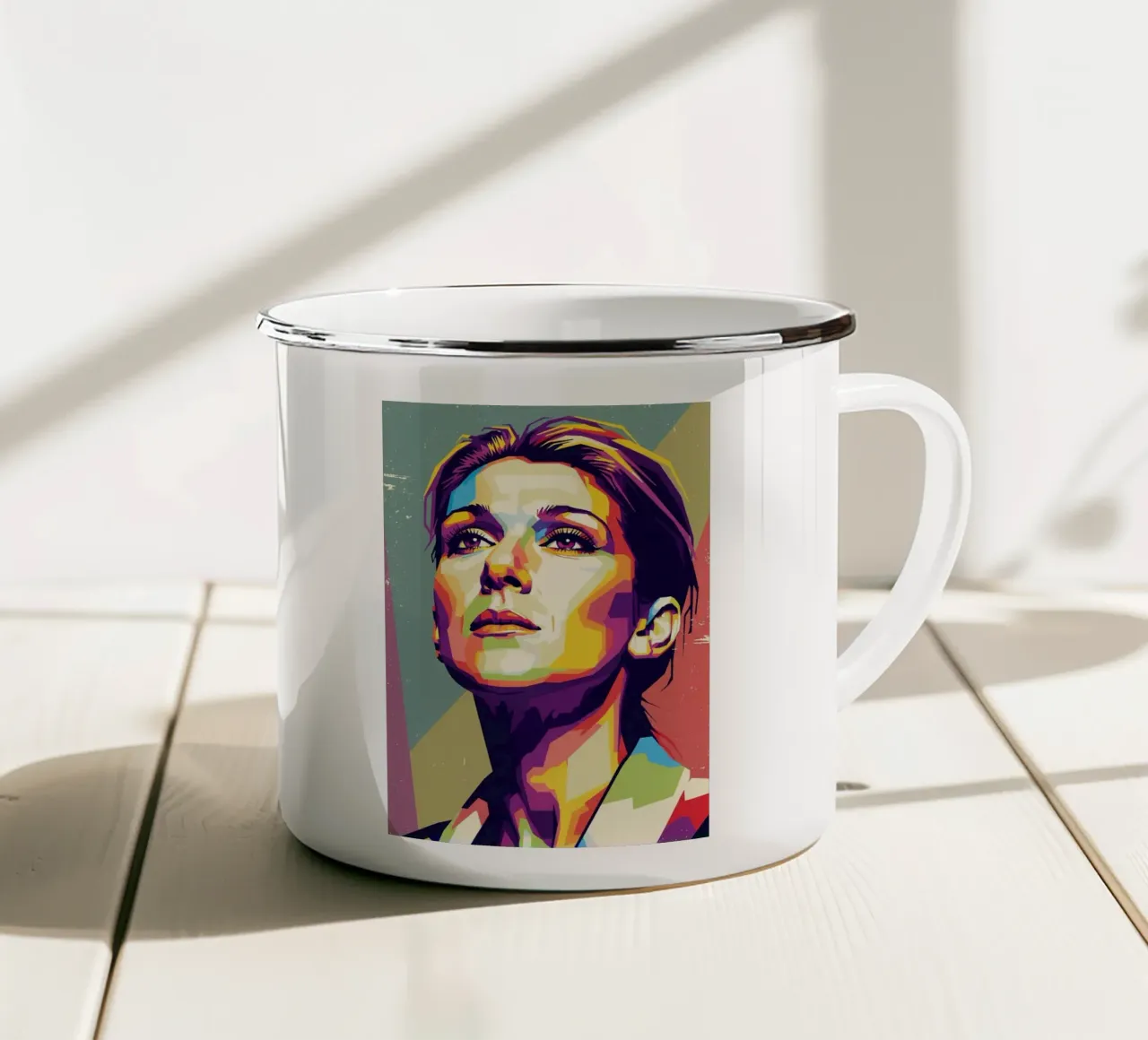 Ritratto pop art di Celine Dion tazza in smalto da Hantamrata
