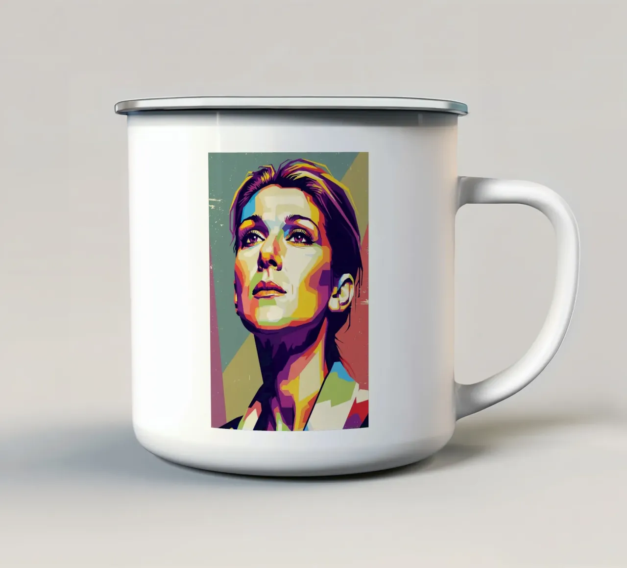 Ritratto pop art di Celine Dion tazza in smalto da Hantamrata