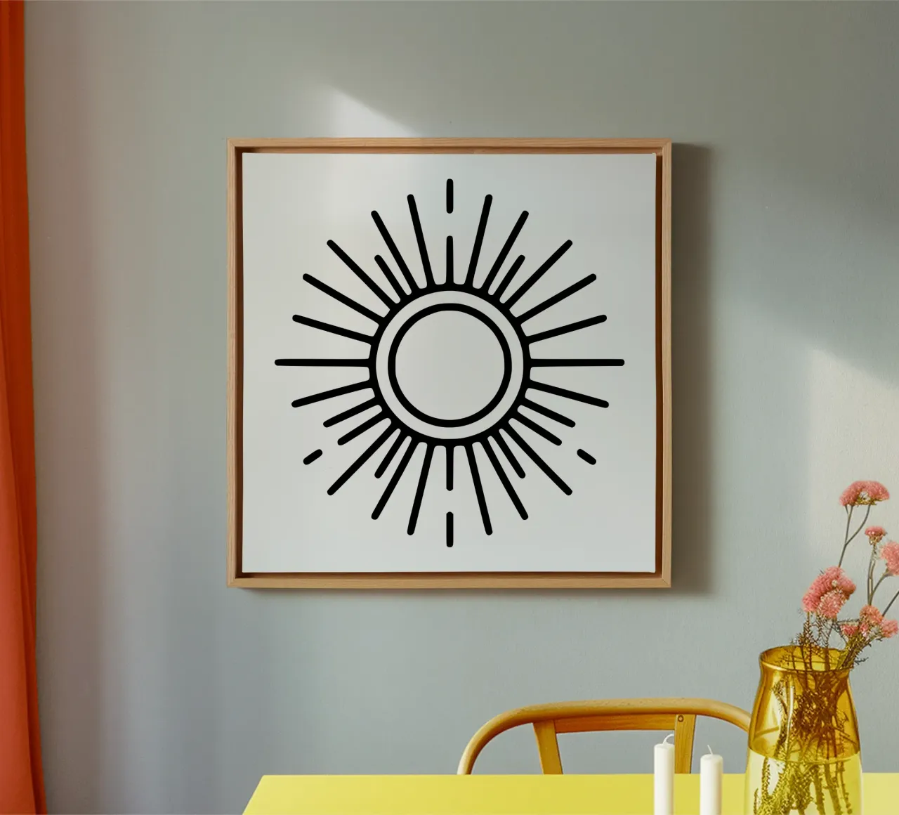 Una luminosità sottile: un sole minimalista tela con Cornice a cassetta da Bold & Simple