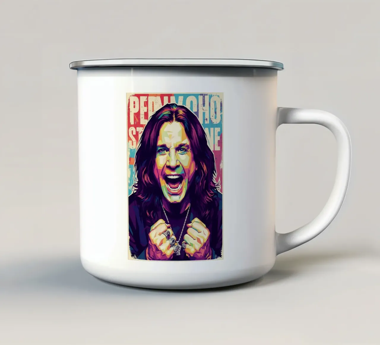 Arte tributo a Ozzy Osbourne tazza in smalto da Hantamrata