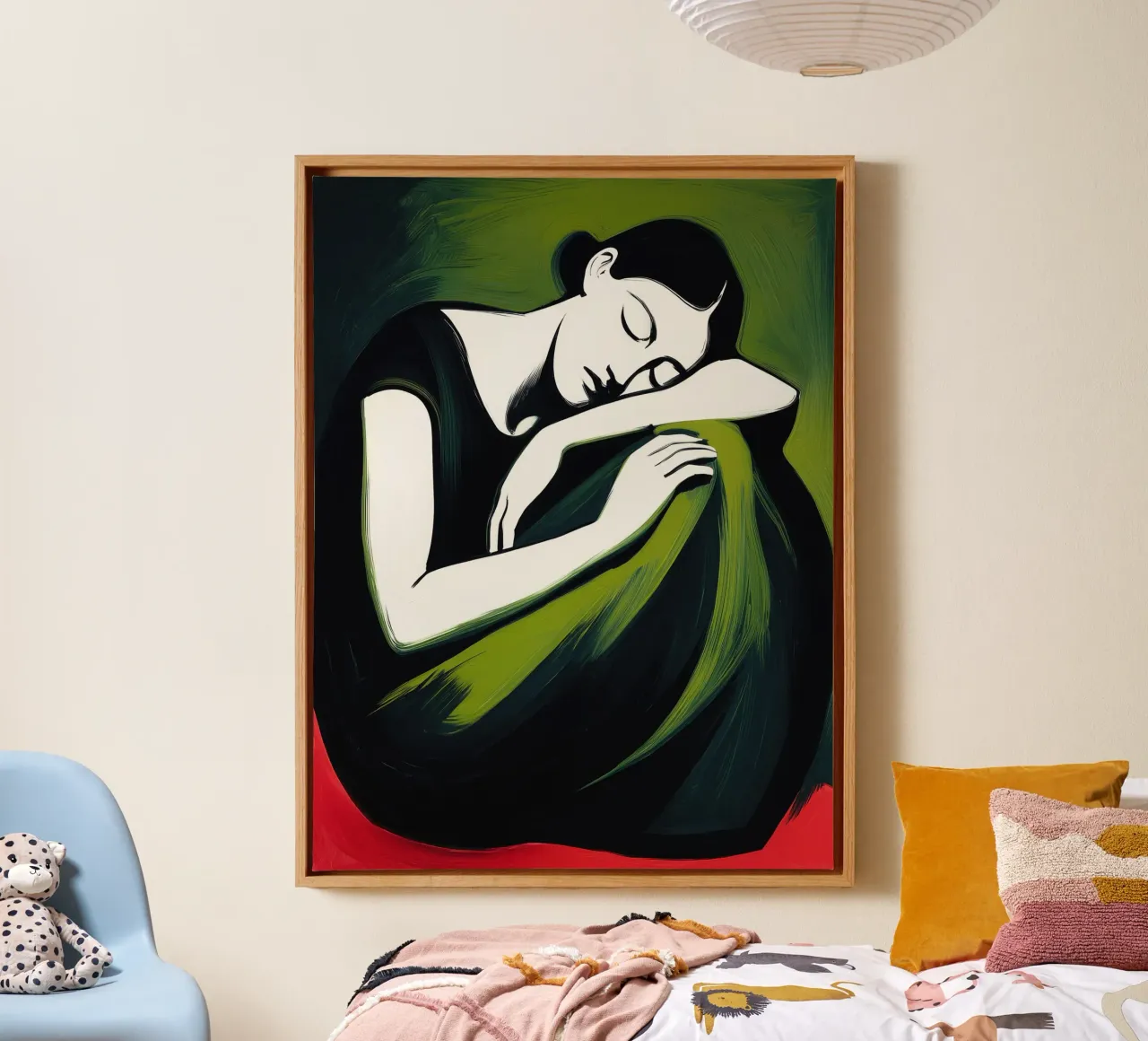 Vrouw in rust | Schilderij in groen en rood canvas van Autofocus