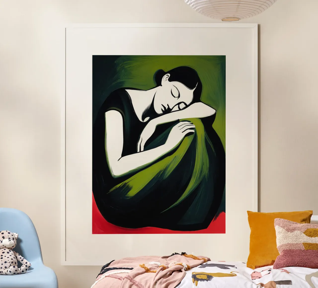 Vrouw in rust | Schilderij in groen en rood hahnemühle van Autofocus